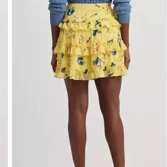 NEW Lauren Ralph Lauren Womens 8 Ruffled Mini skirt Yellow H695 - Picture 2 of 9